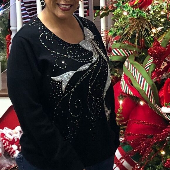 FESTIVE Bow Sparkle Top black sweater w/silver - Picture 7 of 7